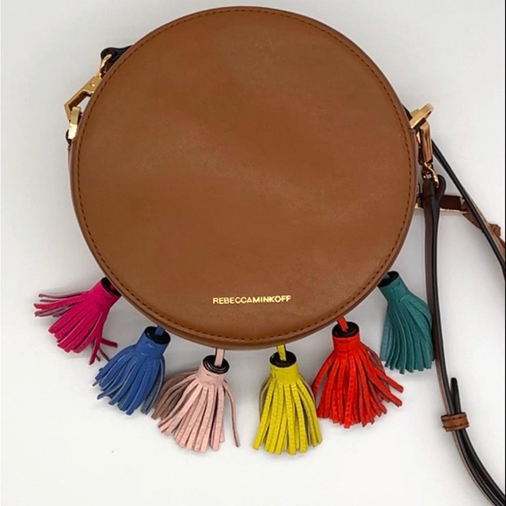 Rebecca Minkoff Brown Leather Round Crossbody with Multicolor Tassels